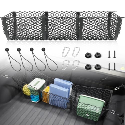 RED WOLF 3 Pocket Truck Bed Cargo Net for Toyota Ford Dodge GMC Chevy Silverado, Universal Pickup Mesh Storage Net 47.2" x 11.8" Stretchable Elastic Truck Bed Grocery Holder Net with 4 Ball Bungees
