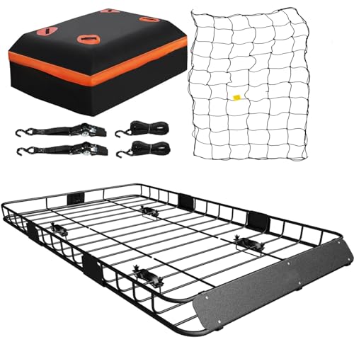 WEIZE Roof Rack Carrier Basket Universal Rooftop 54" x 34" x 6" + Waterproof Bag, Cargo Net with Attachment Hooks, Ratchet Straps for SUV, Truck